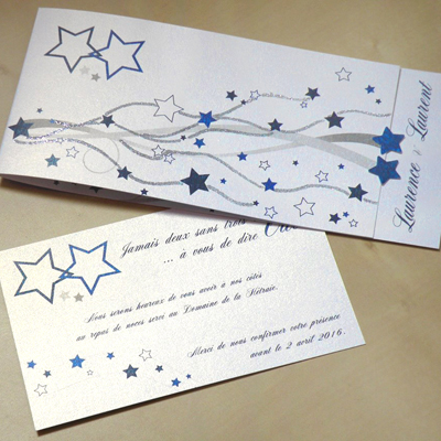 Faire-part thème étoiles avec paillettes bleu, blanc et argent