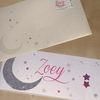 Faire-part et enveloppe thème lune et étoiles avec paillettes